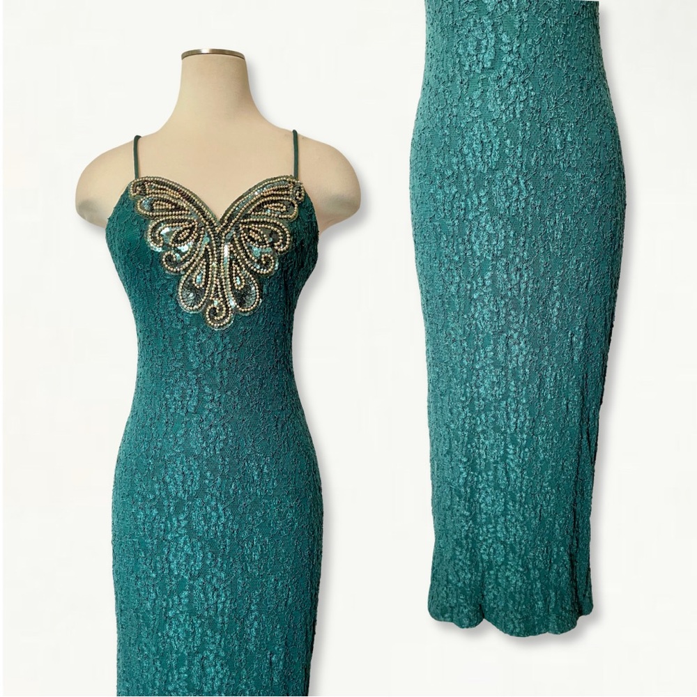 Vintage 1990s Frederick’s of Hollywood Green Lace Sequin + Studded Formal Dress - Picture 2 of 9